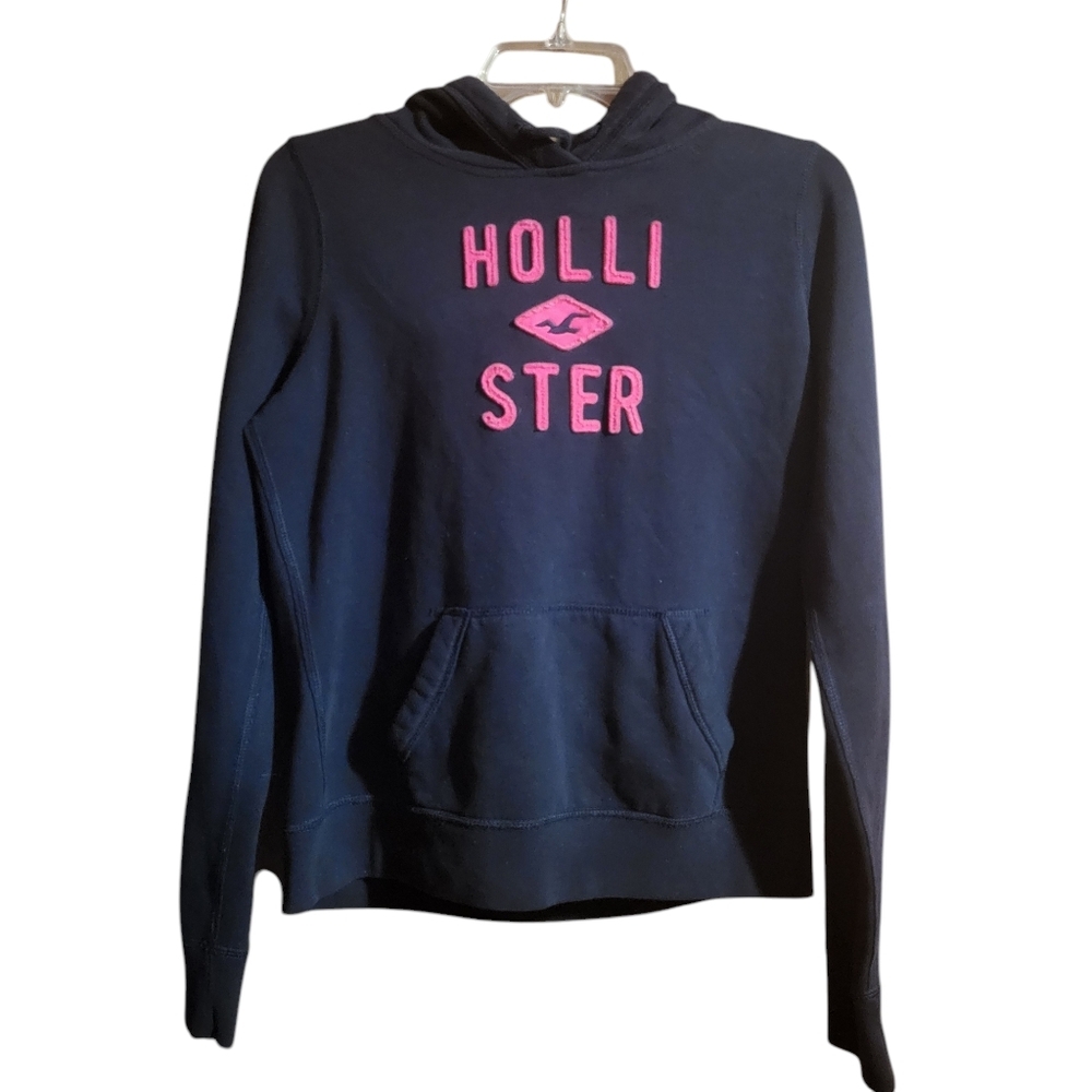 Hollister Navy Blue Hoodie with Pink Logo | Cozy Casual Sweatshirt | Girls L